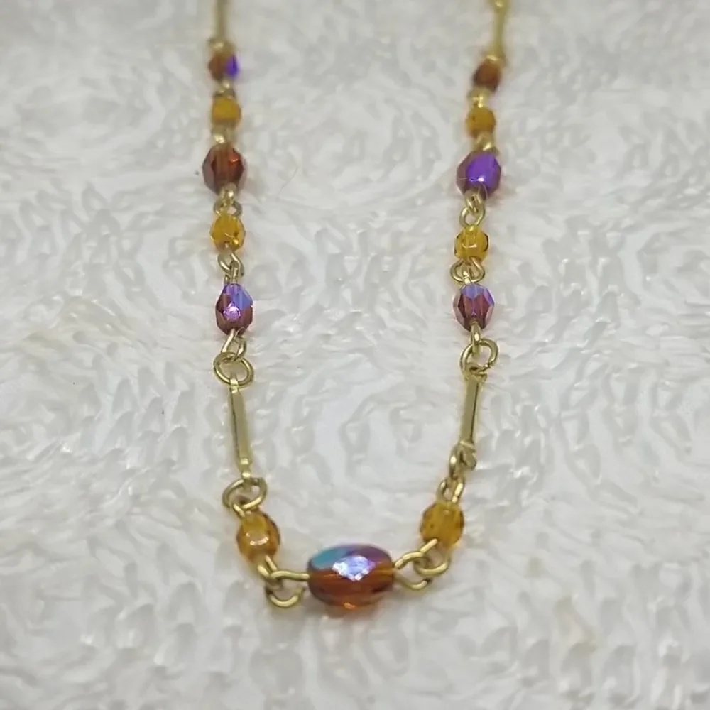 LCI Liz Claiborne Necklace Crystal Brown Beads Gold Tone Links Necklace